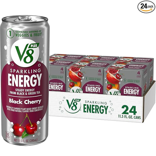 V8 +SPARKLING ENERGY Black Cherry Energy Drink, Made with Real Vegetable and Fruit Juices, 11.5 FL OZ Can 4 Count (Pack of 6)