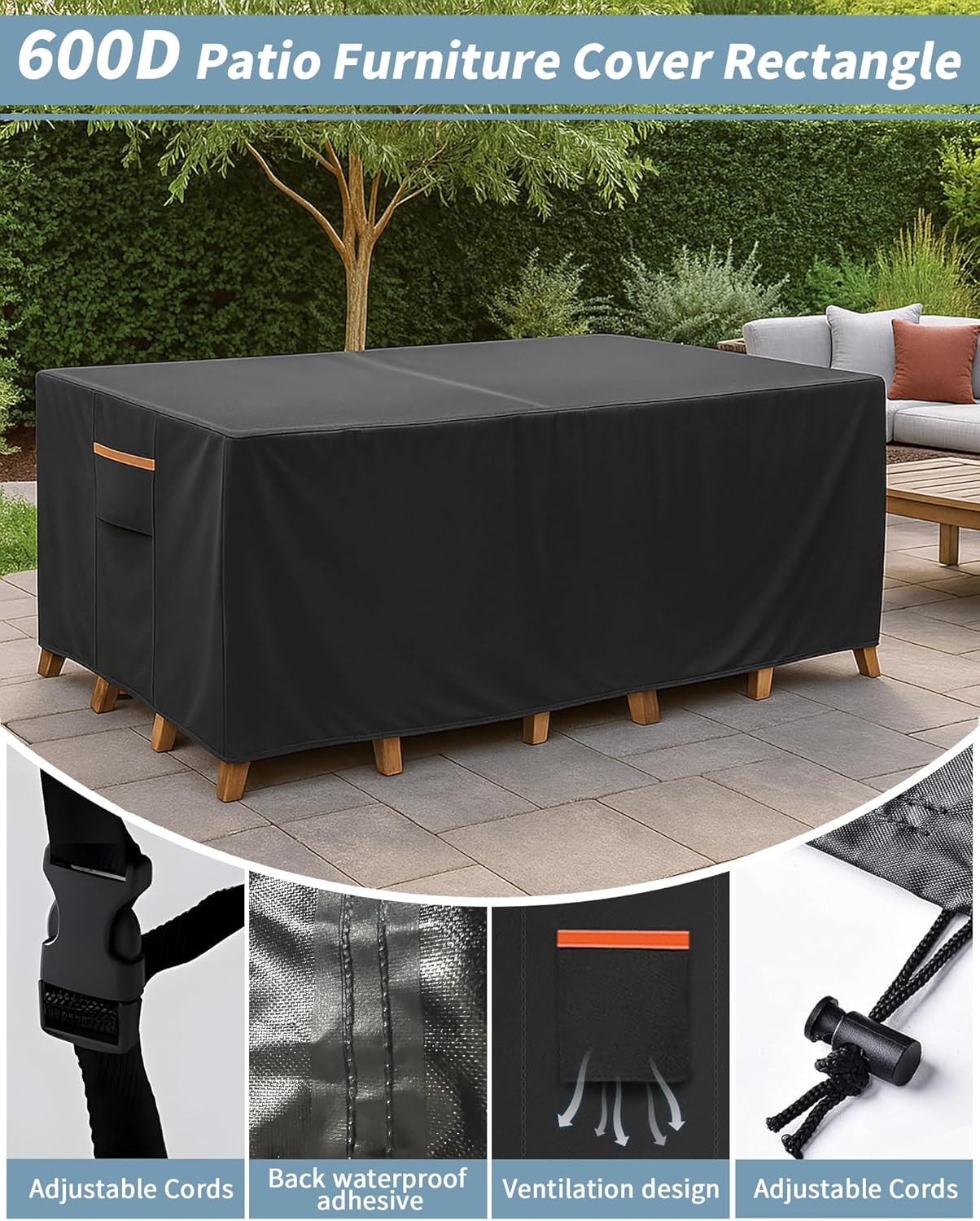 Outdoor Waterproof Furniture Cover, 64W x 52L x 28H inches Heavy Duty 600D Rectangular Table and Chair Set Protection, Black