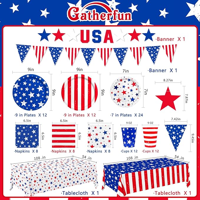 4th of July Party Supplies Set, Patriotic Theme Kit for Independence & Election Day Decorations, Includes Plates, Napkins, Cups, Banner, Tablecloth -Patriotic & 4th of July Party Decorations-24 Guests