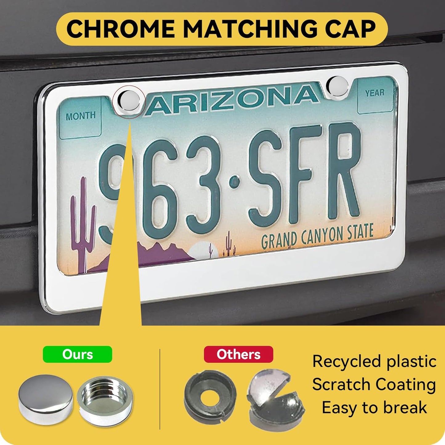 Mirror Polished Heavy Duty Stainless Steel License Plate Frame with Chrome Screw Caps, 2 Holes Rust-Proof Chrome-Like Finish Stainless Steel License Plate Frames 2 Pack