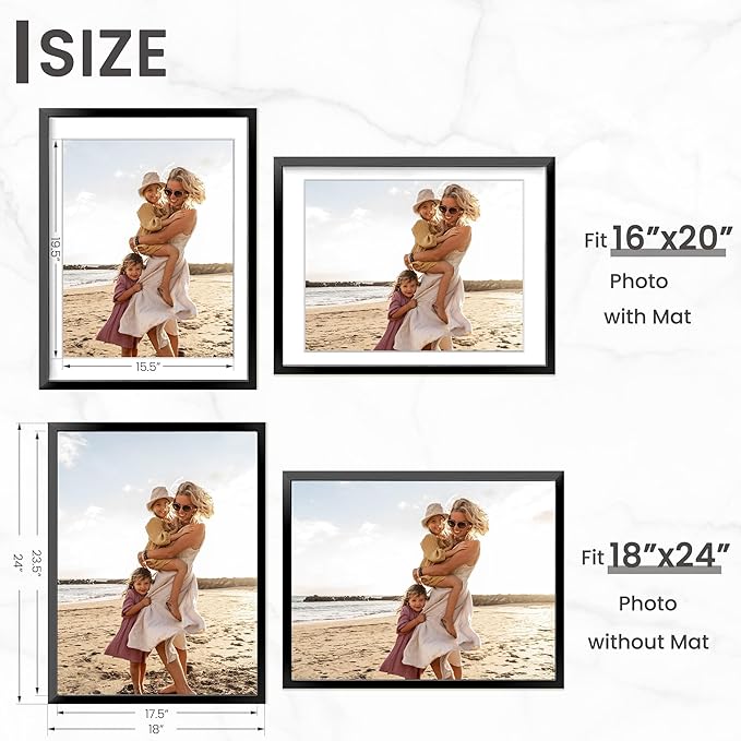 Heimlove 18X24 Aluminum Picture Frame, Black Metal Poster Frame - Vertical & Horizontal Hanging - Picture Frame for Wall Display 16x20 Photos with Mat or 18x24 Images without Mat - Black, 1Pack