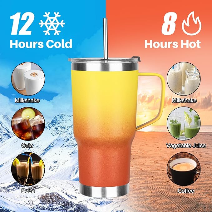 20 oz Tumbler with Handle, Stainless Steel Insulated Tumbler with Lid and Straw, Double Wall Vacuum Insulated Coffee Mug Tumbler, Insulated Coffee Thermal Cup for Cold and Hot (Yellow Orange)