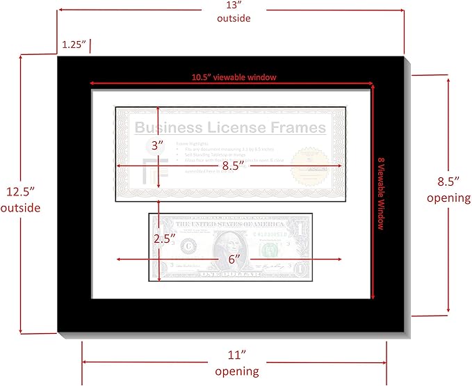 Creative Picture Frames Cl8.5X11Bk-W Black Double License Business Frames, Mat Holds Two 3.5X8.75 License Or Media With Self Standing Easel And Wall Hanger