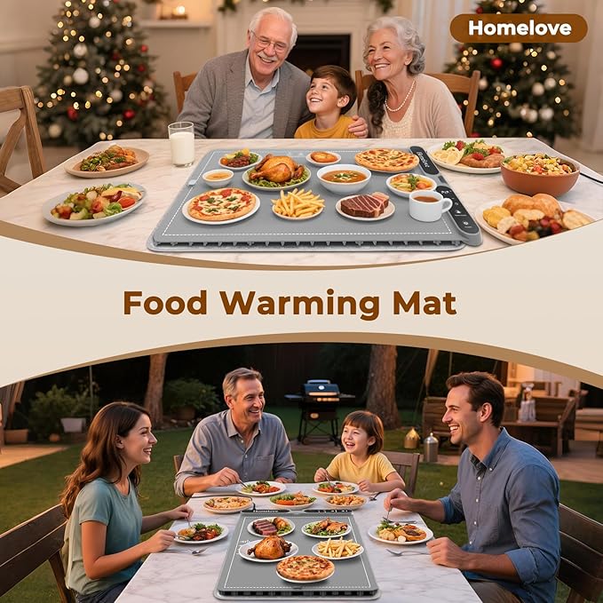 Homelove Food Warming Mat for Parties Buffet - Full Surface Fast Heating Electric Warming Tray with 7 Temp-Settings & 8H Timer, Portable Roll Up Food Warmer with Heat Insulation Pad XL-Grey