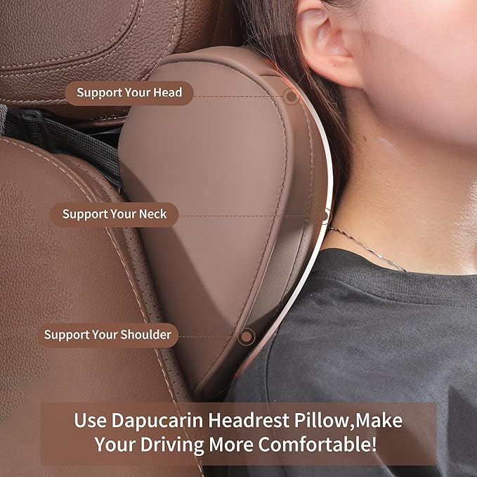 Car Headrest Pillow Memory Foam Breathable Removable Leather Cover Premium Seat Support Head Neck Cushion for Driving Traveling Home Office, Brown, 2 Pack