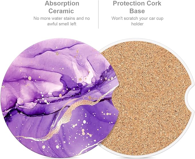 Car Cup Holder Coaster, Car Coasters for Cup Holders, 2 Pack Universal Anti Slip Insert Absorbent Ceramic Auto Interior Accessories with A Finger Notch & Cork Base, Purple Marble