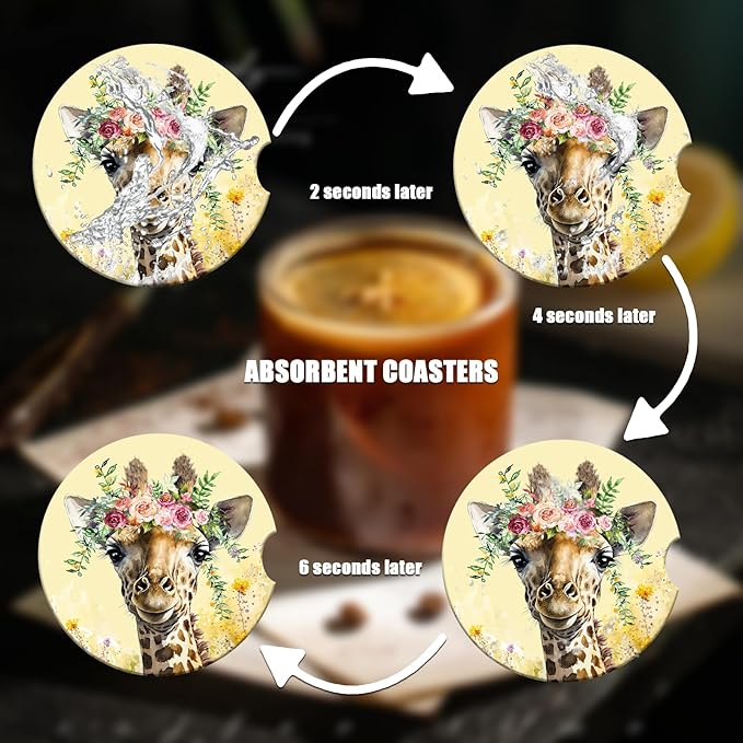Car Cup Holder Coaster - Cute Giraffe Flower Absorbent Ceramic Coaster 2 Pack, Car Coasters for Cup Holders, Fashion Car Interior Accessories Drink Coaster for Women & Men