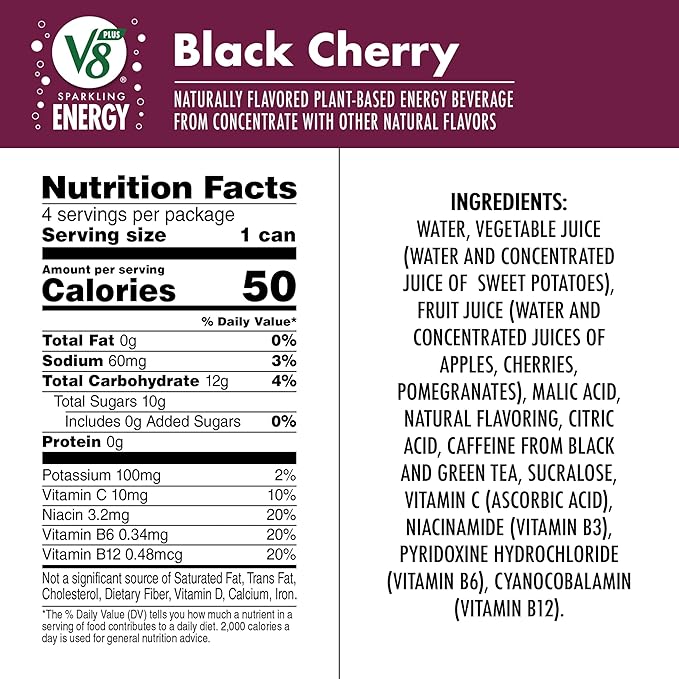 V8 +Energy Sparkling Black Cherry Juice Energy Drink, 11.5 fl oz Can (Pack of 8)