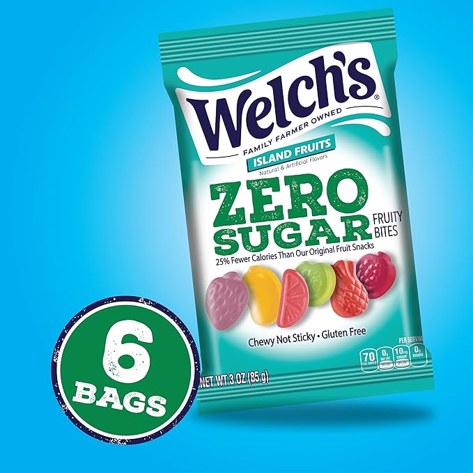 Welch's Zero Sugar Fruity Bites, Island Fruits Snack Box, Gluten Free & Sugar Free Snacks, 3oz Snack Packs (Pack of 6)