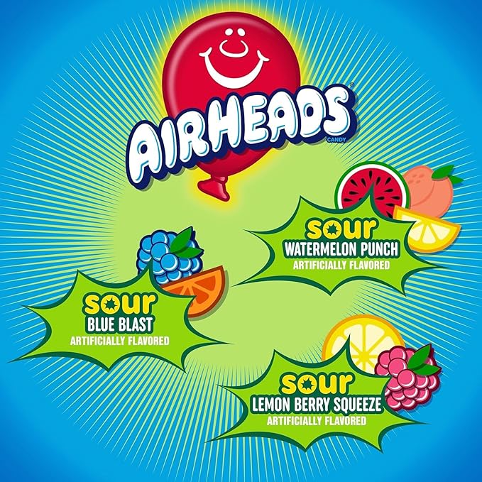 Airheads Sour Mini Halloween Trick or Treat Taffy Candy Bars, Watermelon Punch, Blue Blast & Lemon Berry Squeeze, Individually Wrapped Candy for Adults & Kids, Party Favors, 5lb Bulk Bag