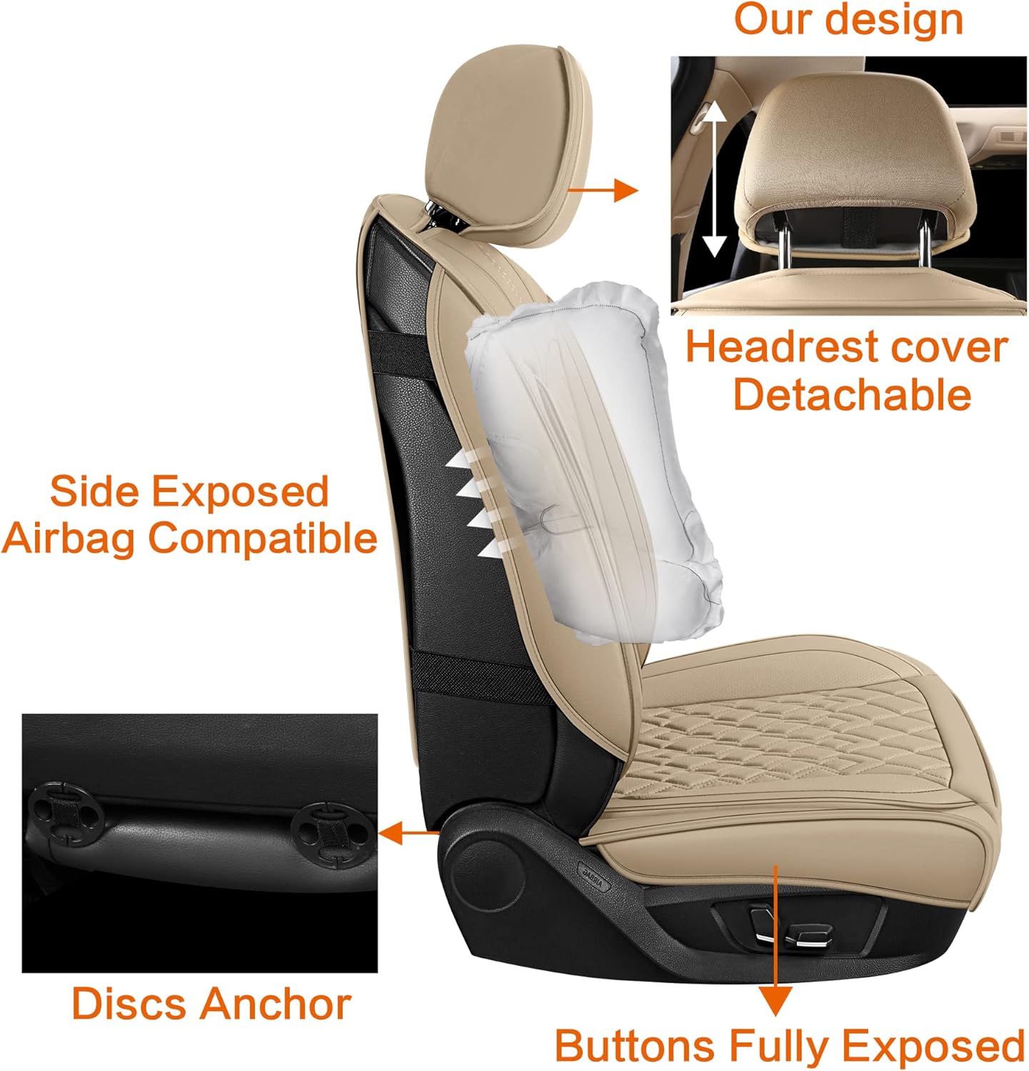 Pariitadin Leather Car Seat Covers Full Set, Waterproof Breathable Faux Leather Automotive Seat Covers for Cars, Non-Slip Car Interior Covers Universal Fit Most Cars Sedans Trucks SUVs, Beige