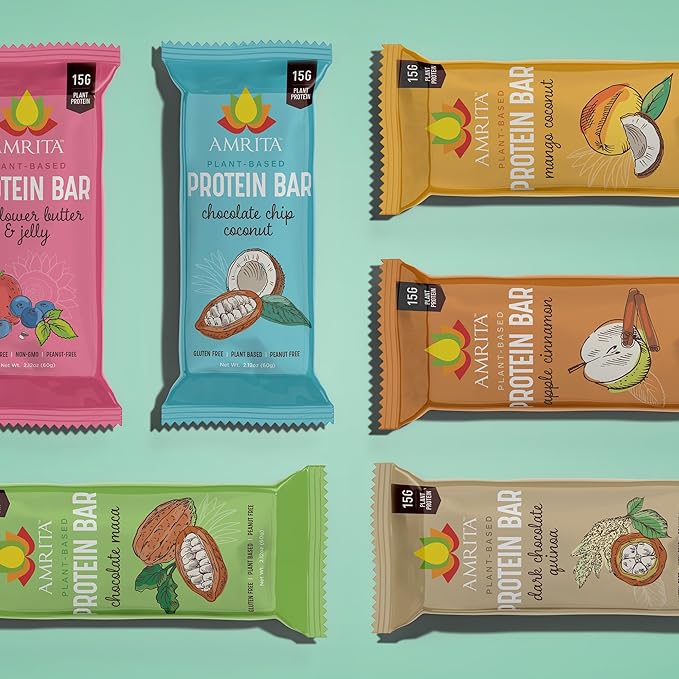 Amrita Nut Free Vegan Protein Bars 6 Flavor Variety | 15g Plant-Based Protein Bar | Peanut-Free, Gluten Free, and Dairy-Free | No Added Sugar, High Fiber, Healthy Snacks for Kids/Adults