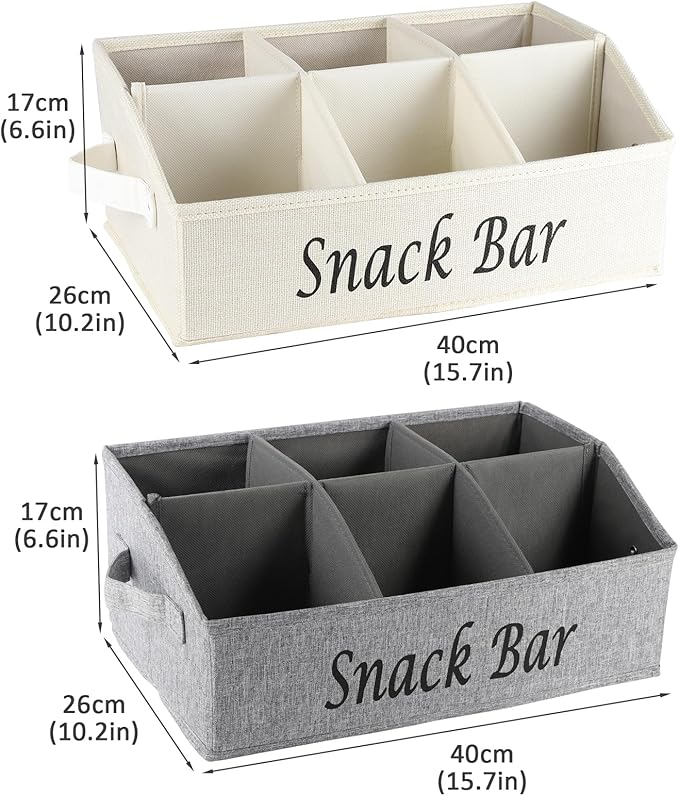 Snack Organizer for Countertop, 6 Compartment Snack Storage with Side Handle, 2 Pack Fabric Snack Basket Container, Lightweight Snack Bar Station Organizer, Kitchen Pantry Storage, Beige/Gray