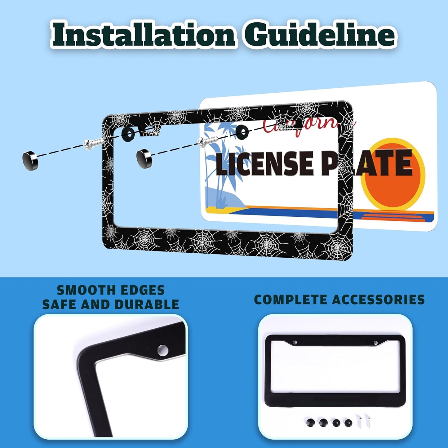 Spider Web License Plate Frame Gothic Style License Plate Holder Halloween for Front or Rear Car Tags Reusable Stainless Steel Funny Car Decoration with Screws 6.3 X 12.2 in