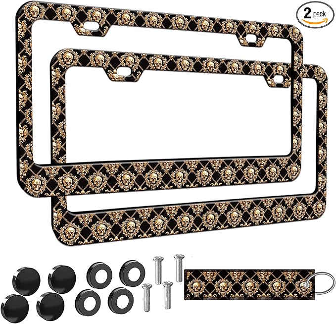 2pcs Brown Skulls License Plate Frame for Women, Skull Skeleton car Decorative tag Frames Girly,Halloween License Plate Cover Holder for Vehicle with Double Sided car Keychain tag