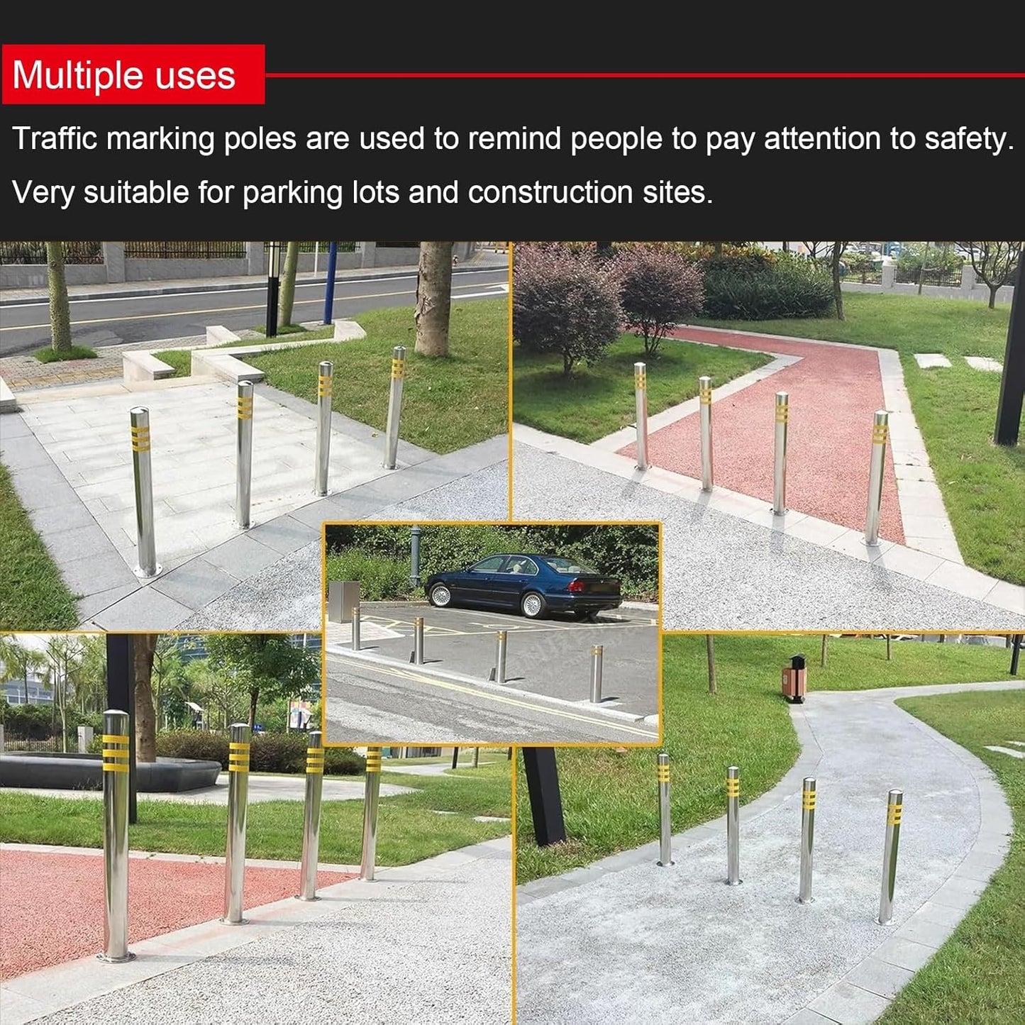 Stainless Steel Parking Bollards for Driveway, Industrial Safety Bollards Reflective Channelizer Post, Parking Barrier, Sturdy and Durable, Easy to Install, for Crowd Control(Silver (1pcs),8.9*75cm/3.