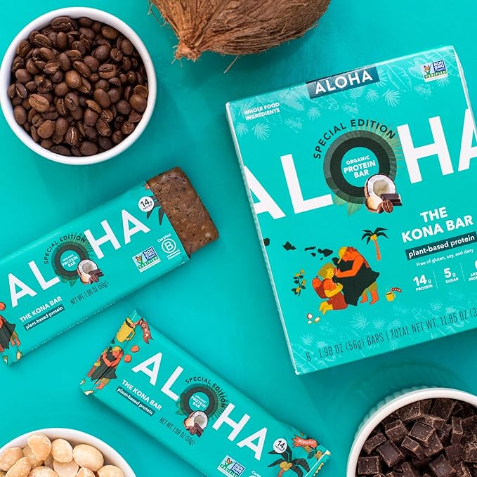 ALOHA Organic Plant Based Protein Bars | The Kona Bar - Special Edition | 6 Count, 1.98oz Bars | Vegan, Low Sugar, Gluten Free, Paleo, Low Carb, Non-GMO, Stevia Free, Soy Free, No Erythritol
