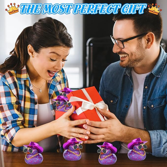 BOZILY Cowboy Rubber Duck with Purple Glitter Hat, Gold Necklace & Diamond Sunglasses - Fashionable Car Dashboard Decor, Office Desk Accessory, Squeaky Stress Reliever Gift Set (2 Pack)