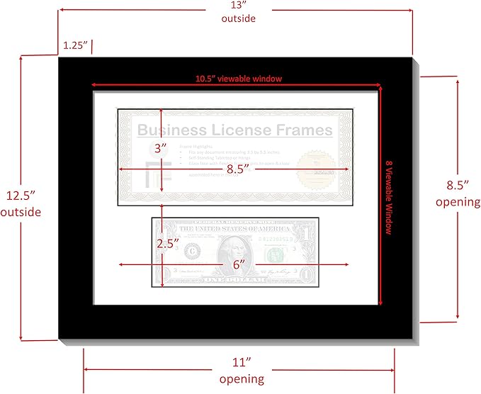 Creative Picture Frames 8.5” x 11” Mahogany First Dollar Frame with Business License, Mat Holds one 1st Dollar and one 3.5x8.75 License Including Self Standing Easel and Wall Hanger