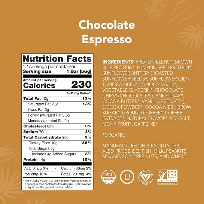 ALOHA Organic Plant Based Protein Bars - Chocolate Espresso (85mg Caffeine) - 12 Bars, Vegan, Low Sugar, Gluten-Free, Paleo, Low Carb, Non-GMO, No Stevia, No Erythritol