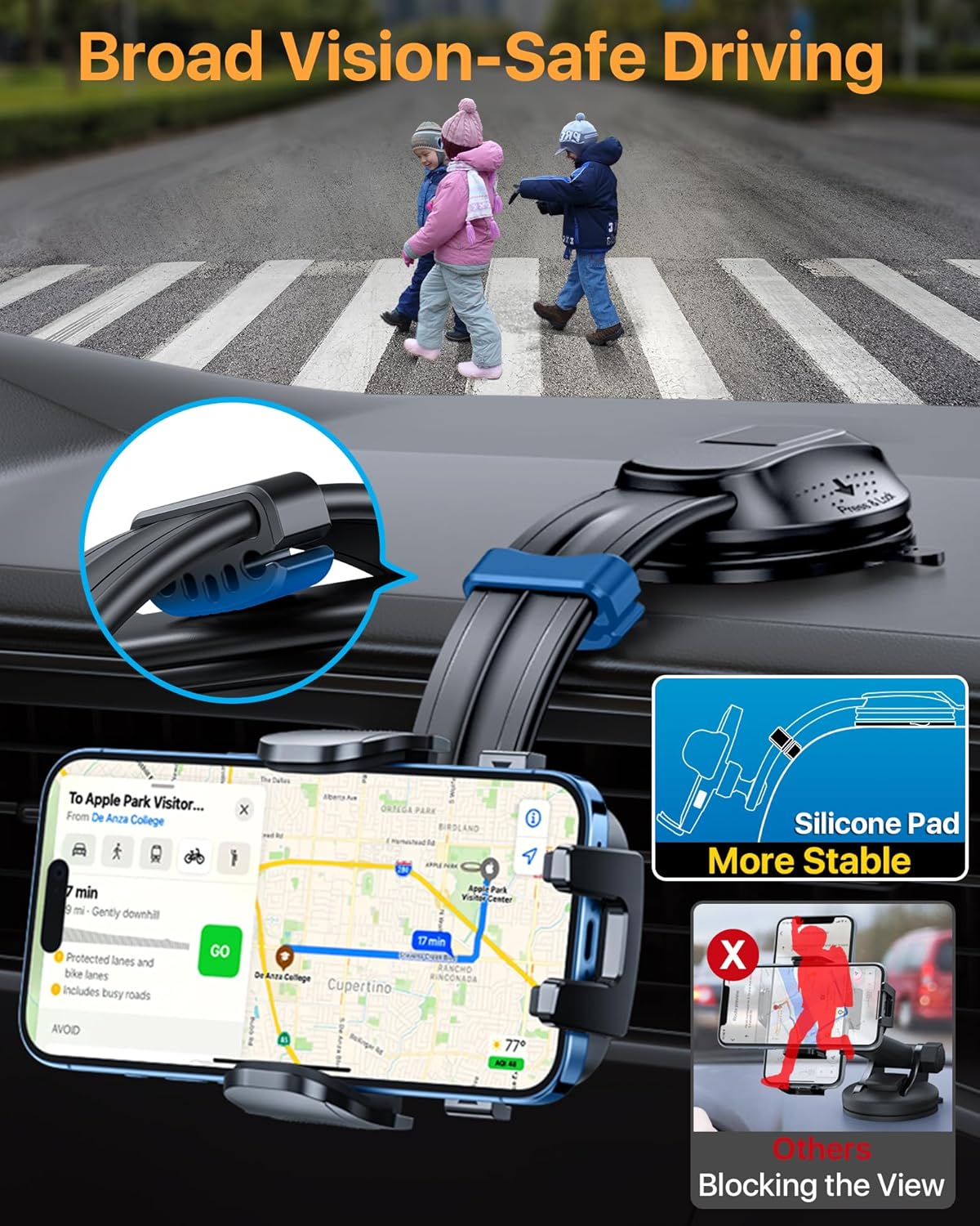 HTU Upgraded Strongest Suction Car Phone Holder Bendable Arm, Never Block View Rotatable Cellphone Mount for Dashboard Windshield Vent, Cradle Stand for iPhone 16 15 14 13 12 Pro Max (Dark Pink)