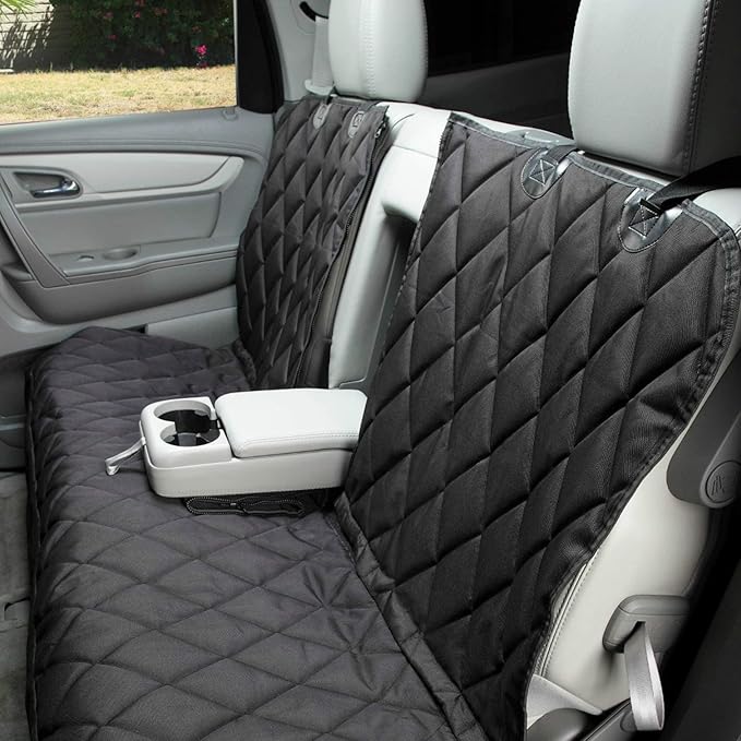 4Knines Dog Seat Cover for Back Seat, Heavy Duty Waterproof Rear Seat Protector for Small Trucks, SUVs, & Cars, Fits 60/40 Split Bench with Middle Seat Belt, Non-Slip Dog Backseat Cover (Regular, Tan)