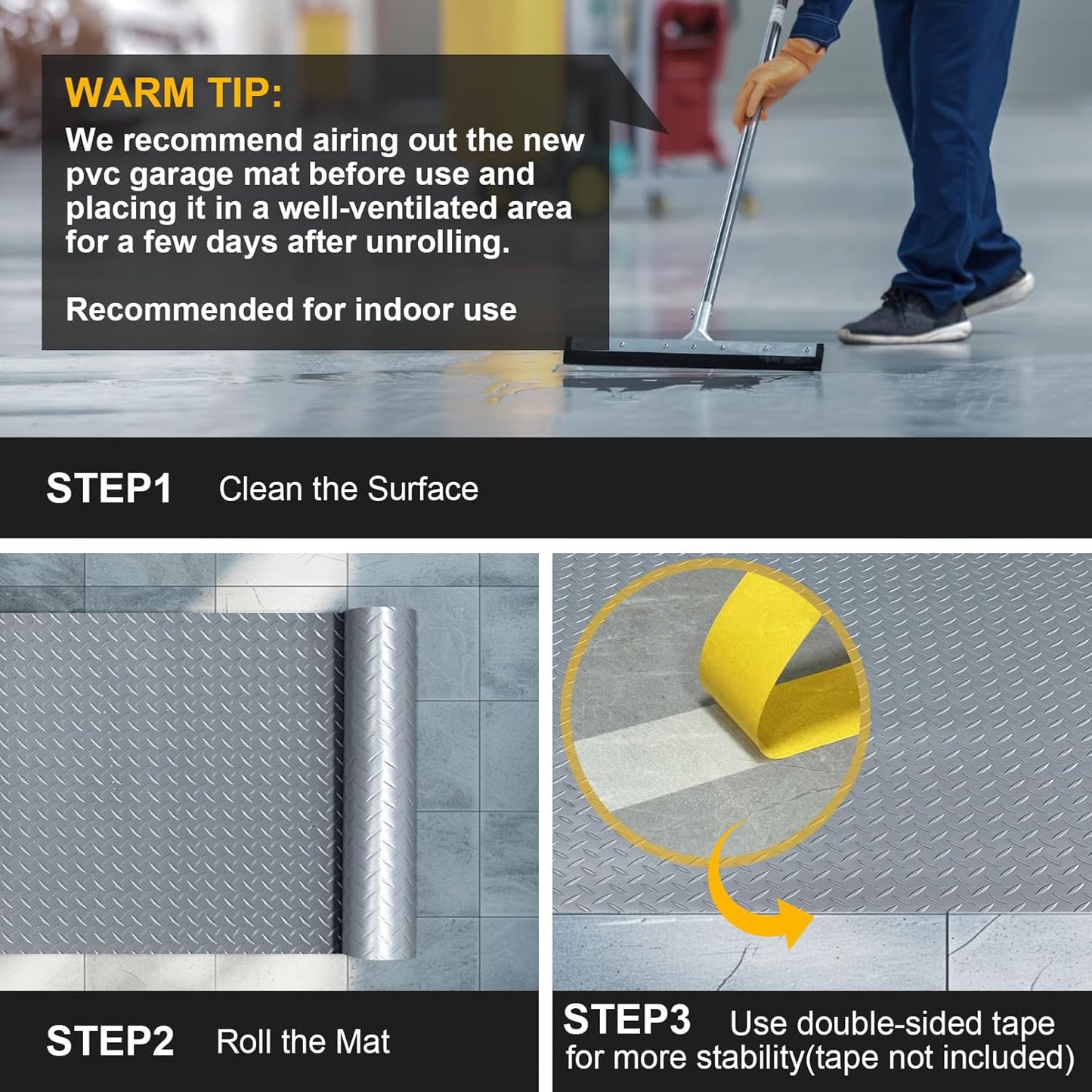 4x6 FT Garage Floor Mat, 2 Rolls 2.8mm Thickened Flooring Roll 48 sqft Diamond Plate PVC Rubber Trailer Mat, Non-Slip Floor Mat for Garage, Warehouse, Gyms, Boats, Pickup Truck, Gray