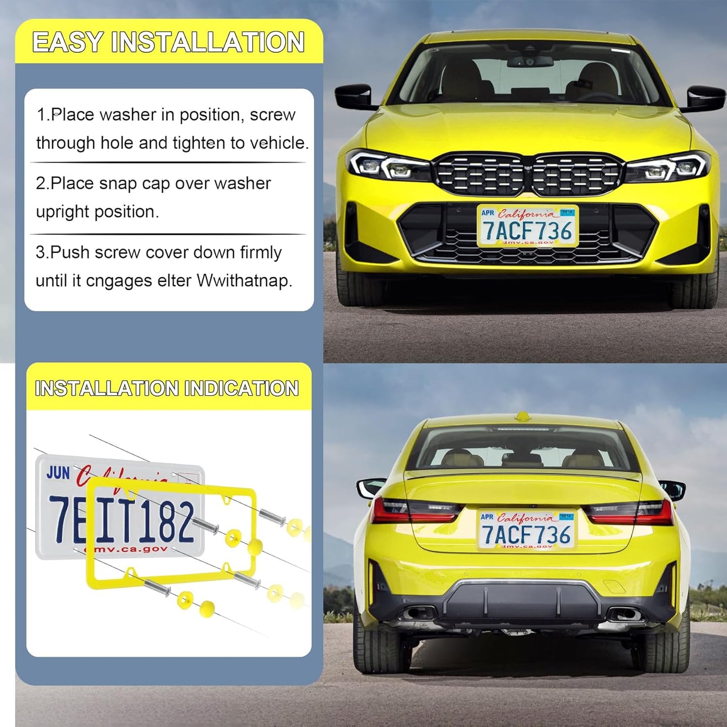LivTee 4 Holes Stainless Steel License Plate Frames, 2 PCS Car Licence Plate Covers, Automotive Exterior Accessories Slim Design with Bolts Washer Caps for US Vehicles, Yellow
