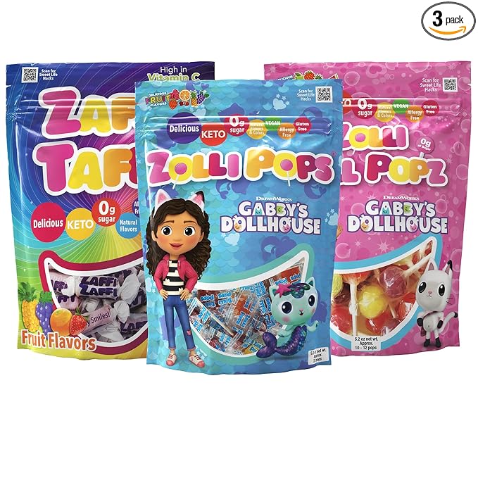 Zollipops Gabby's Dollhouse Variety Pack - Mixed Fruit Flavored Lollipops, Ball Popz, and Zaffi Taffy - Three 5 Oz. Bags for Sweet and Fun Treats