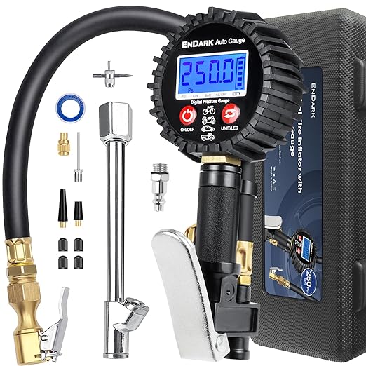 Digital Tire Pressure Gauge with Inflator: ENDARK 250 PSI Air Compressor Attachment Inflation Gun with Heavy Duty 360° Air Chuck & Extended Hose and Quick Connect Coupler with Carrying Case