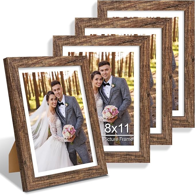 8x11 Picture Frame Set of 4, Made of Real Glass and Rustic Brown Wooden Frame - 8 by 11 Photo for Wall or Tabletop Display