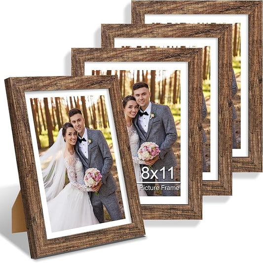 8x11 Picture Frame Set of 4, Made of Real Glass and Rustic Brown Wooden Frame - 8 by 11 Photo for Wall or Tabletop Display