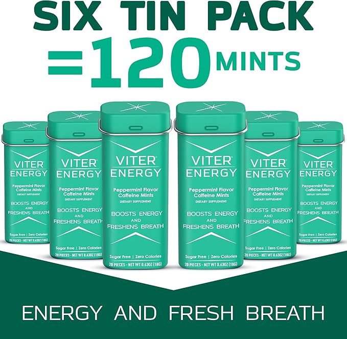 Viter Energy 40mg Caffeine Mints - Sugar Free, B Vitamins, Vegan, Boosts Fast Energized Alert Focus, Caffeinated Nootropic Supplement Pills (Peppermint Flavor, 20pcs, 6 Pack, 120pcs Total)