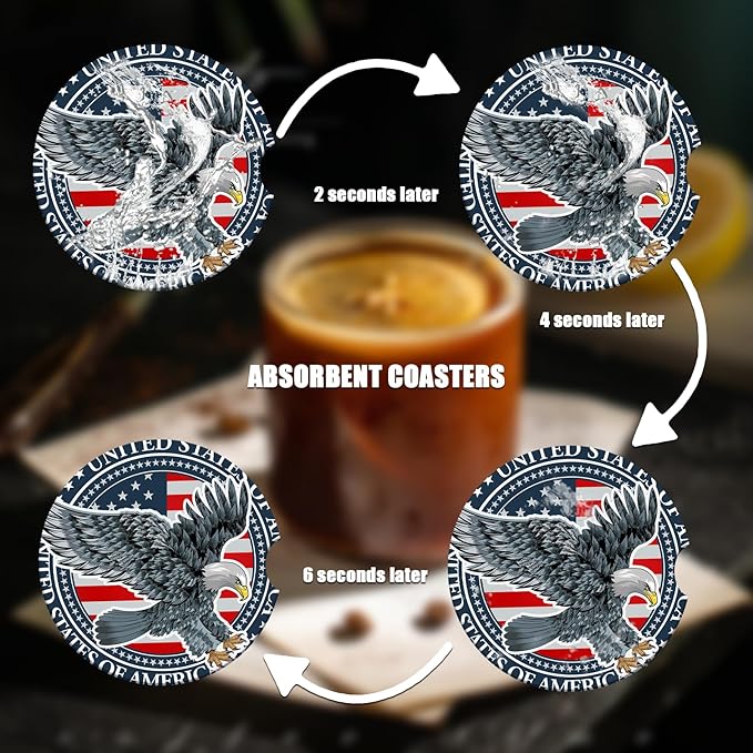 Car Cup Holder Coaster - Vintage USA Flag Eagle Absorbent Ceramic Coaster 2 Pack, Car Coasters for Cup Holders, Fashion Car Interior Accessories Drink Coaster for Women & Men