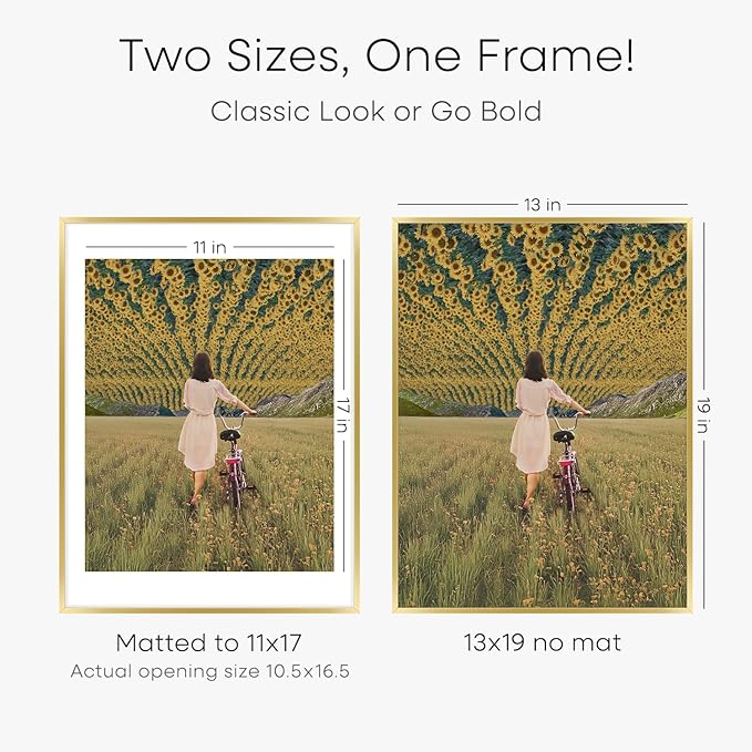 Homeforia 13x19 Picture Frame Gold, High End Metal 13x19 Poster Frames with Mat 11x17 Photo, 13 x 19 Gold Frames Matted to 11 by 17 Print, 19x13 Thin Hanging Frames, Tempered Glass, Wall Kit, Set of 2