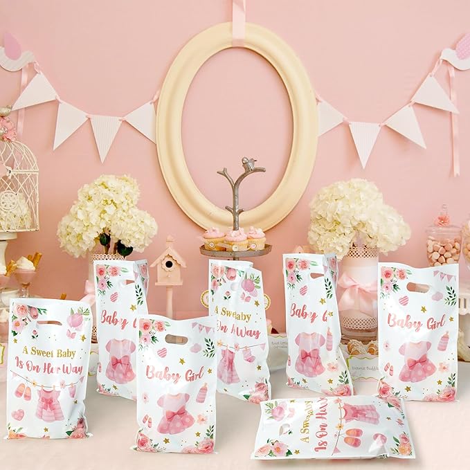 50Pcs Pink Floral Baby Shower Party Favor Bags, A Sweet Baby is on Her Way Goody Treat Bags, It's a Girl Pink Plastic Candy Gift Pack Party Supplies Decoration