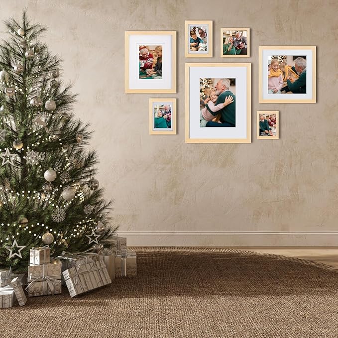 Egofine 8x8 Picture Frames Natural Wood Frames with Plexiglass, Display Pictures 4x4/6x6 with Mat or 8x8 Without Mat Set of 4 for Tabletop and Wall Mounting