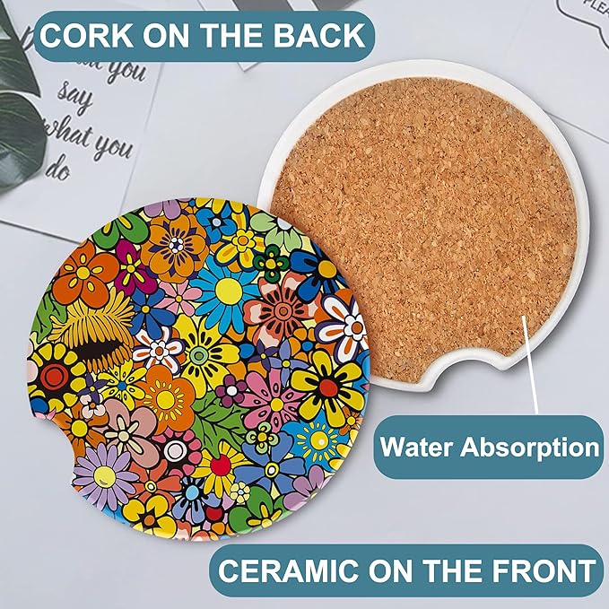 Bright Colorful Flowers Car Cup Holder Coaster, Car Coasters for Cup Holder, 2 Pack Vivid Spring Floral Anti-Slip Absorbent Ceramic Car Cup Coasters with Finger Notch Cork Base for Women Men 2.56"