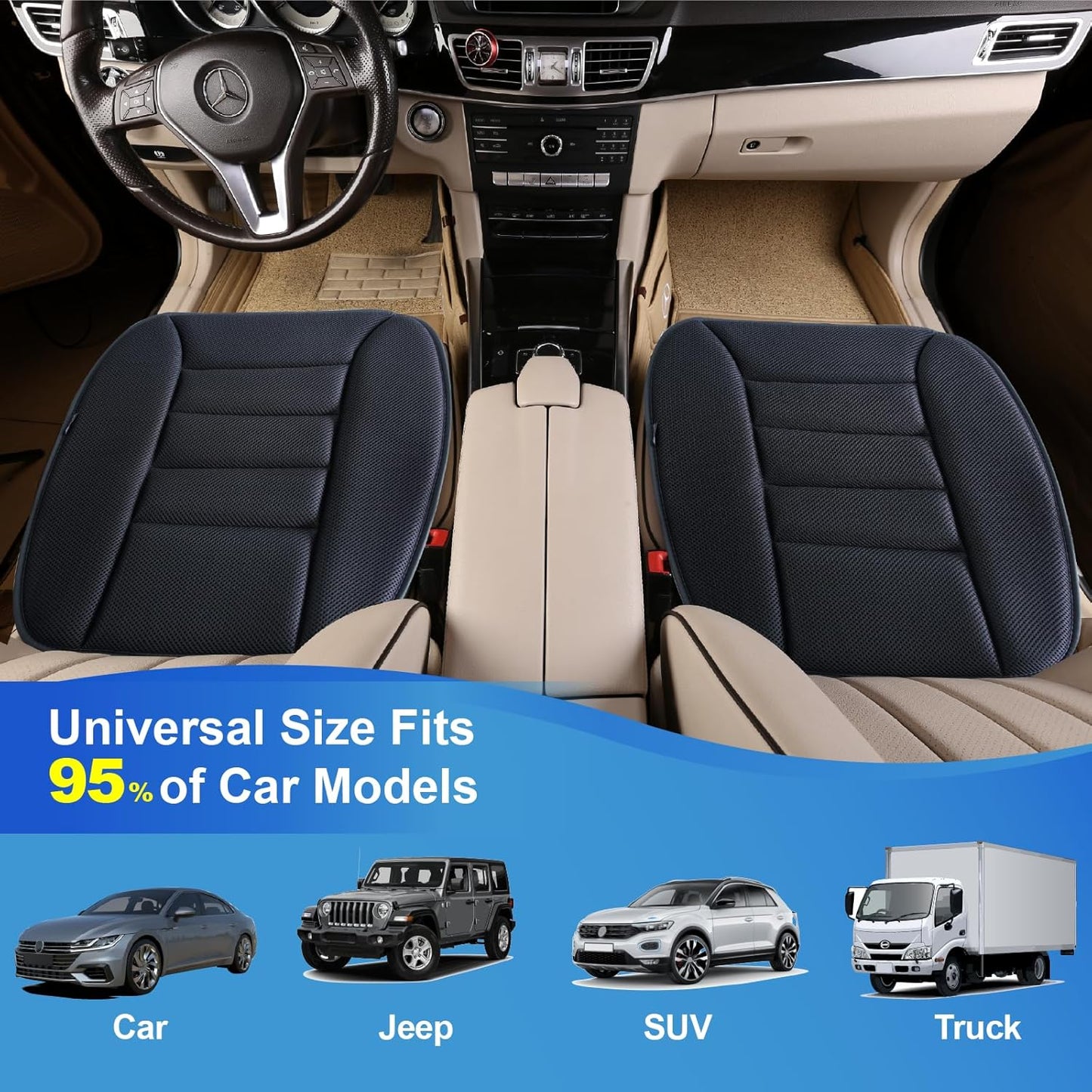 Premium Car Seat Cushion, Driver Cushion with Comfort Memory Foam & Non-Slip Rubber Bottom, Car Seat Pad Works with 95% of Vehicles and Office Chair or Home (4D Mesh - Black)