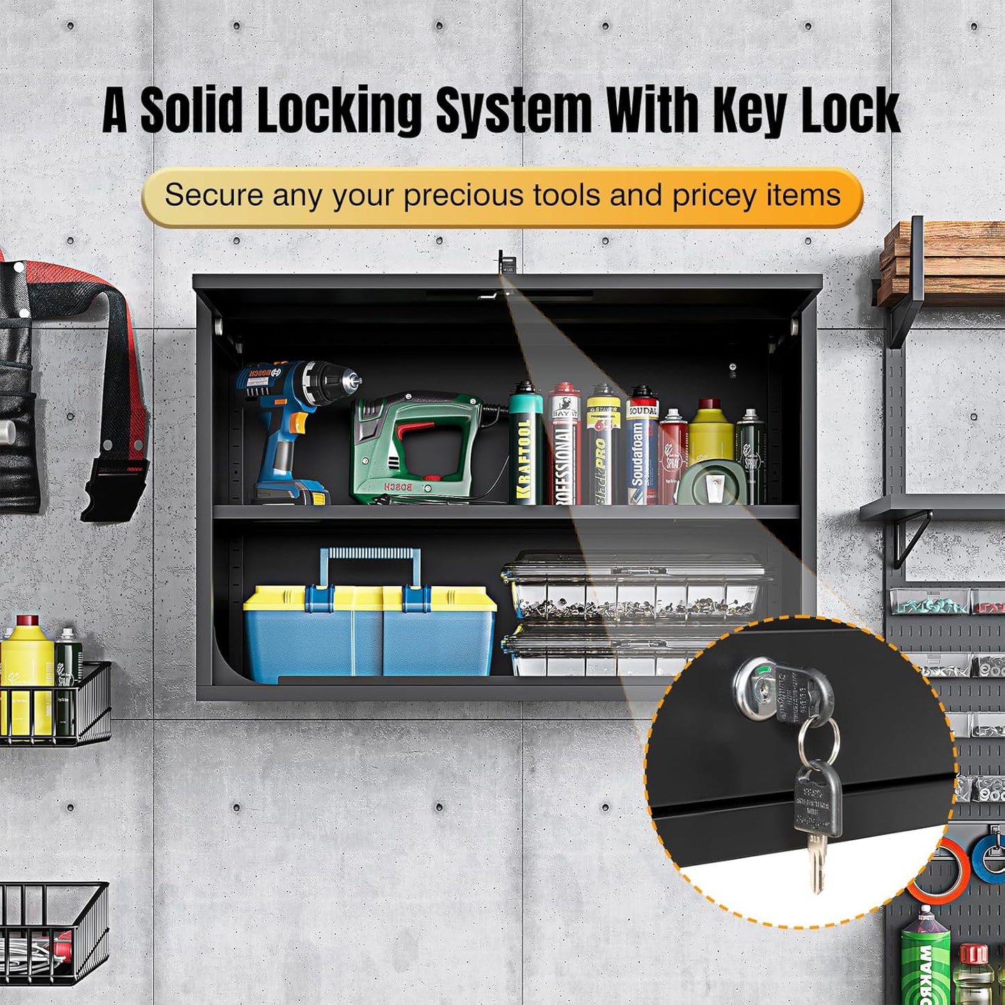 Metal Wall Storage Cabinet Adjustable Shelf 22'' Tall Steel Garage Wall Mounted Cabinet Lockable Floating Garage Storage Shop Trailer Tool Assembly Required