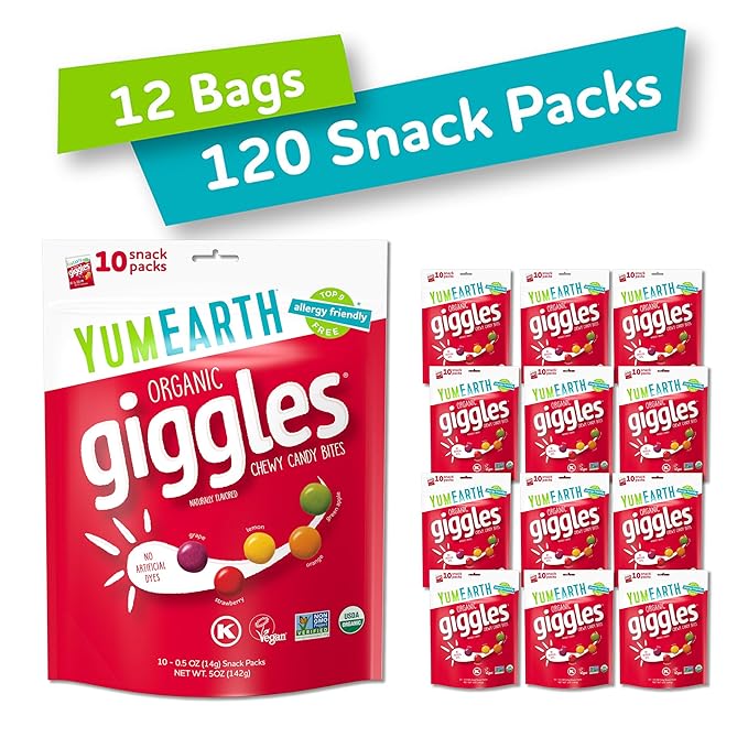 YumEarth Organic Giggles Chewy Candy – Allergy Friendly, No Artificial Dyes, Non GMO, Gluten Free, Fruit Flavored, Vegan Candy Snacks with No Artificial Flavors, 0.5 oz (Pack of 120)