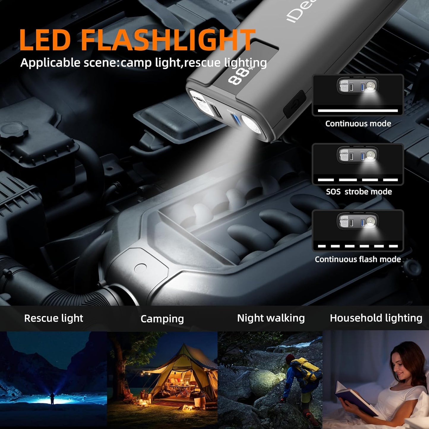 IDEAPLAY J10 Jump Starter, 2000A 12V Car Battery Jump Starter Portable for Up to 8.0L Gas and 7.0L Diesel Engine, Jump Box with Jumper Cables, Type C Fast Charging Battery Jumper with LED Flashlight