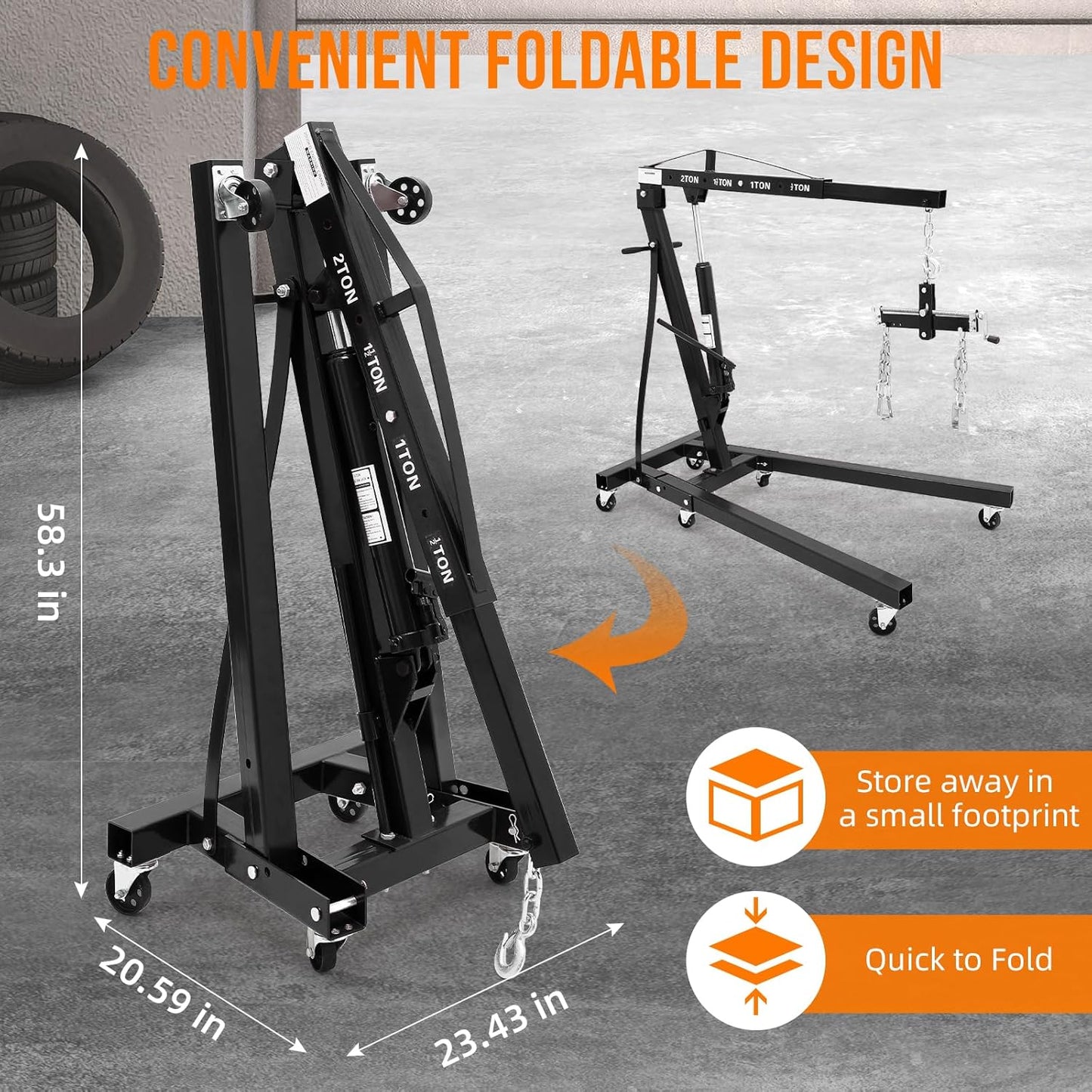 2 Ton Folding Engine Hoist with Lever, Cherry Picker Shop Crane Hoist Lift, 4400 Lbs Heavy Duty Steel Hydraulic Shop Engine Crane for Workshop and Garage, Black