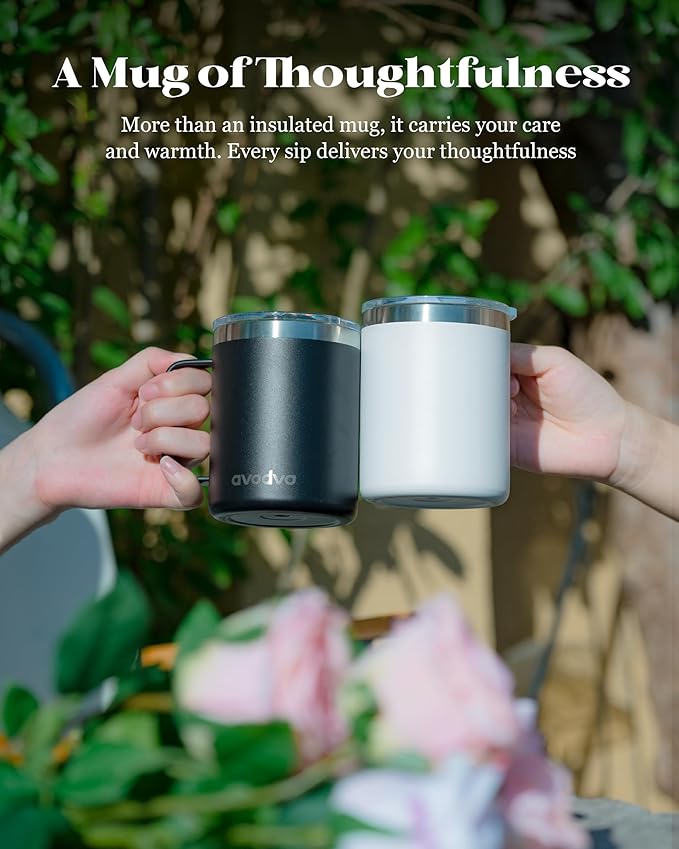 12oz Insulated Coffee Mug with Lid – Includes Two Lids, Stainless Steel Coffee Travel Mug with Handle, Double Wall Vacuum Insulated Camping Mug for Home, Office & Outdoor, White