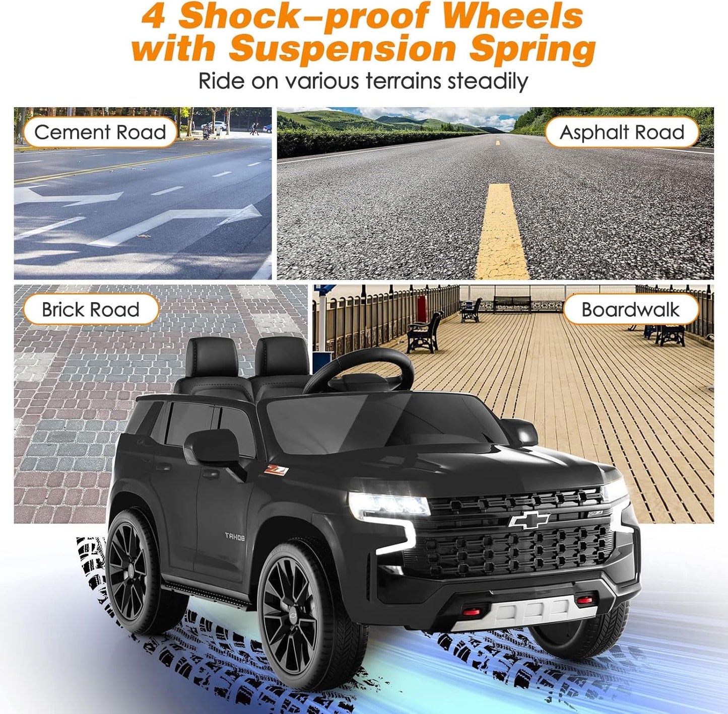 HONEY JOY Ride On Truck, 12V Licensed Chevrolet Tahoe, Chevy Electric Vehicle for Kids, Soft Start, Music, Lights, Battery Powered Ride On Car Toy with Remote Control, Gift for Boys Girls (Black)