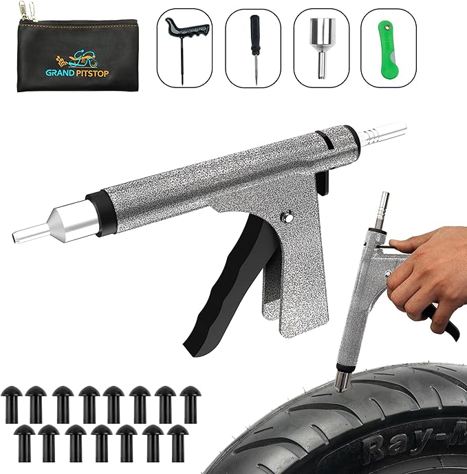 GRAND PITSTOP Tubeless Tire Gun Puncture Repair Kit with Mushroom Plug for Tyre Punctures and Flats on Cars, Motorcycles, ATV, Trucks & Tractors (Gun Kit Antic Silver)