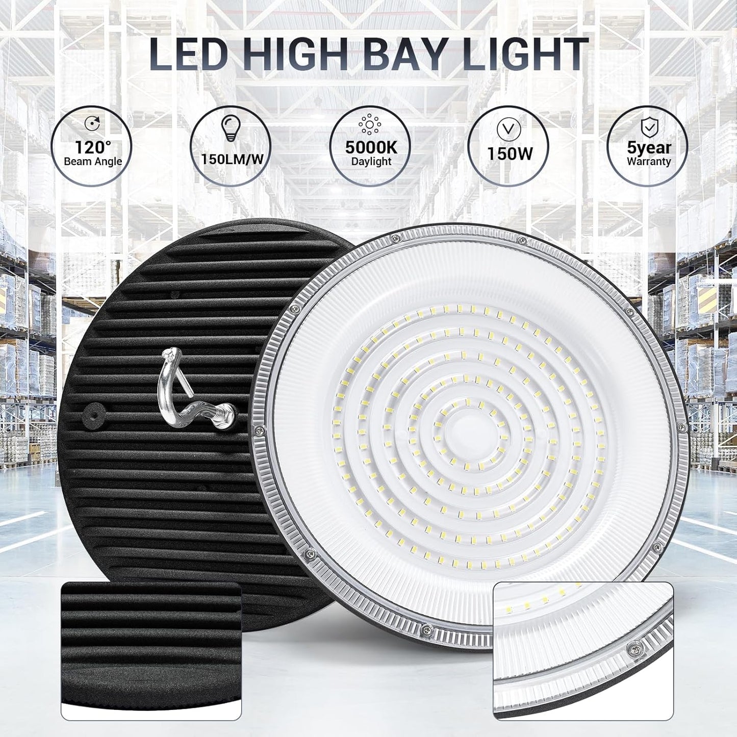 150W UFO Led High Bay Light,120VAC,21050LM 5000K Daylight Area Lighting,IP66 Waterproof 650W MH/HPS with Plug Commercial Bay Lighting for Warehouse/Shop/Workshop/Barn/Gym/Factory
