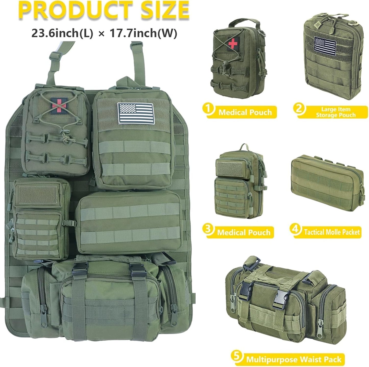 Universal Tactical Seat Back Organizer Vehicle Molle Panel Organizer Storage Bag with 5 Detachable Molle Pouch for All Vehicel Such as Jeep,Truck,SUV, Car, Ford,Chevy etc
