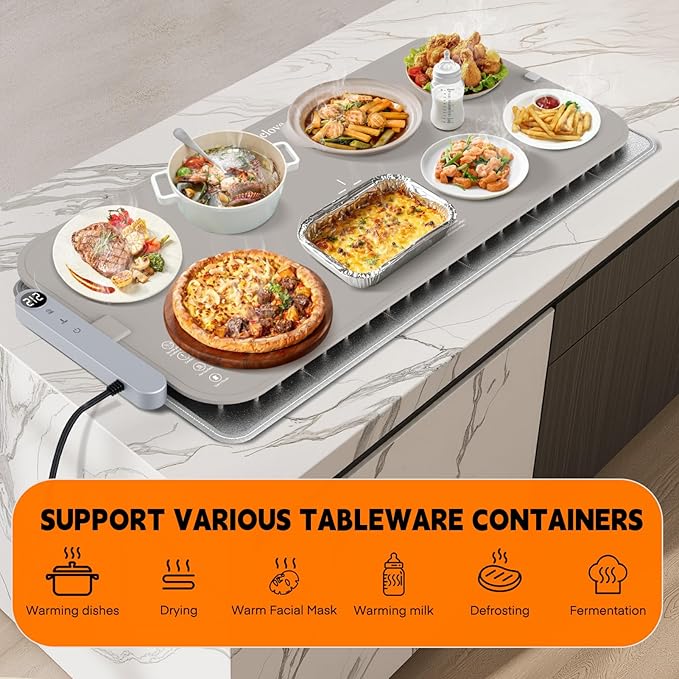 Homelove Food Warming Mat Waterproof - Electric Warming Tray with 6-Level Temperature and Hours Setting, Full Surface Graphene Heating, Dishwasher-Friendly Food Warmer Mat for Parties, Kitchen (Khaki)