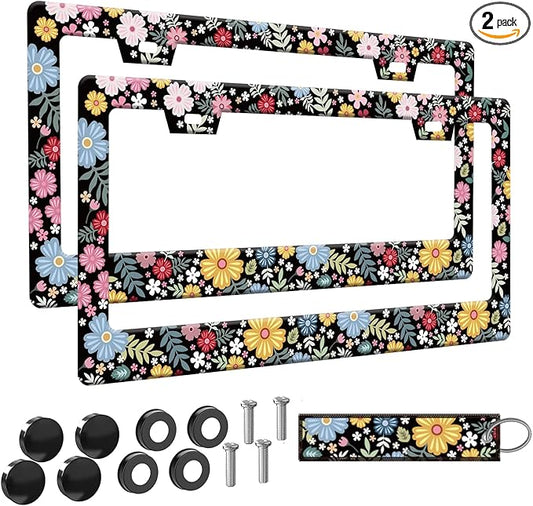 2pcs Hippie Flowers Floral License Plate Frame for Women,Yellow Black Plant Theme Floral car Decorative tag Frames Girly,Nature Flowers Floral License Plate Cover Holder for Vehicle with tag Keychain